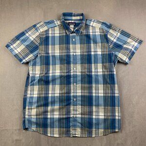 Patagonia Mens Shirt XL Blue Plaid Button Up Short Sleeve Nylon Blend Outdoor